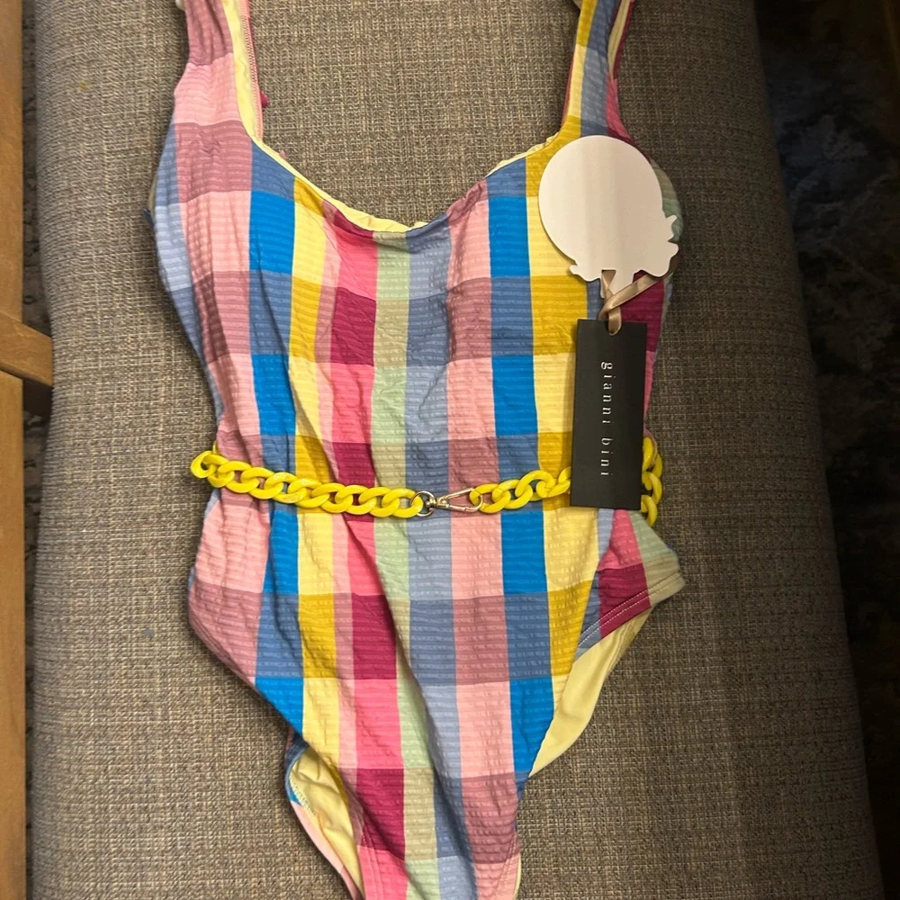 Gianni Bini Colorful Striped Tote with Yellow Chain - Picture 3 of 10